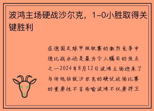 波鸿主场硬战沙尔克，1-0小胜取得关键胜利